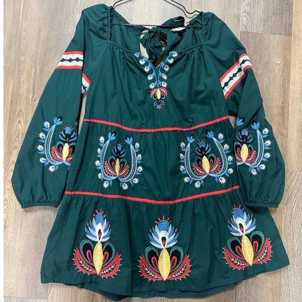 Let Me Be Anthropologie Embroidered Tiered Mini Dress Green Boho Peasant Medium